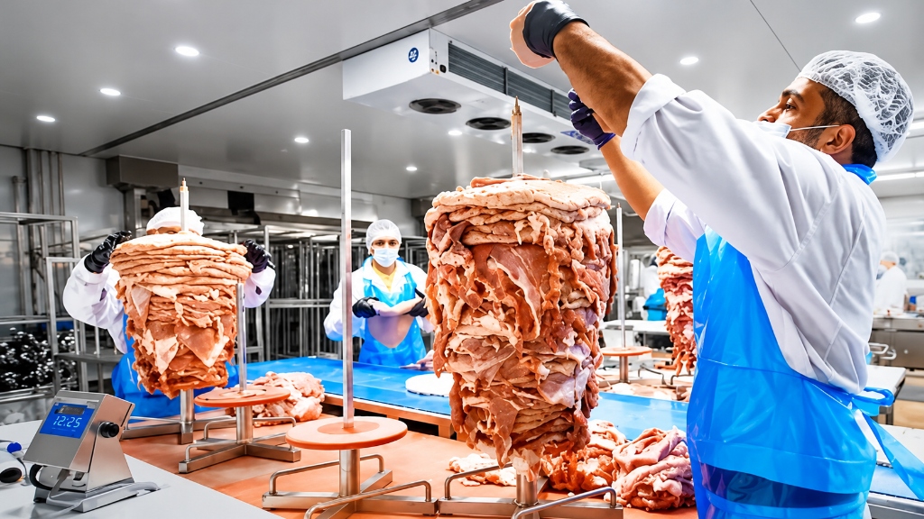 Worker processing shawarma meat cone in a factory